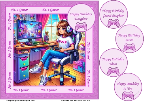 8 x 8 Gamer girl quick card front (Purple).