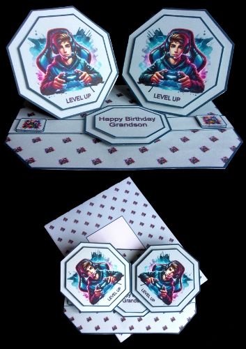 Teenage gamer boy octagonal double easel card with matching envelope.