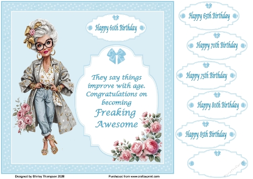 8 x 8 Improving with age quick card front (Blue).
