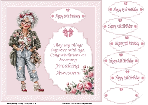8 x 8 Improving with age quick card front (Pink).
