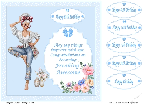 8 x 8 Improving with age quick card front (Light blue).