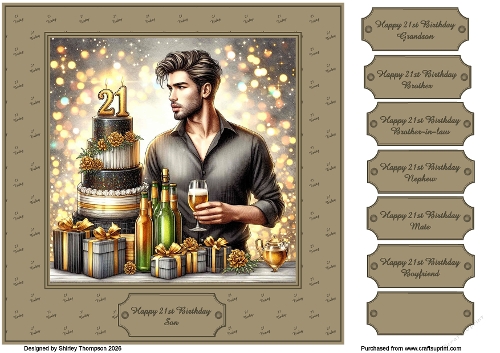 8 x 8 young mans 21st birthday quick card front.