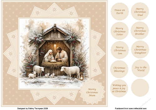 8 x 8 nativity scene quick card front (Beige).