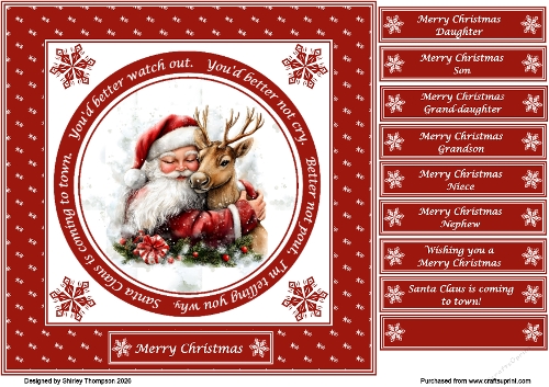 8 x 8 Santa Claus is coming to town quick card front.