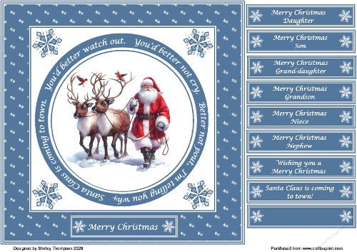 8 x 8 Santa Claus is coming to town quick card front (Blue).