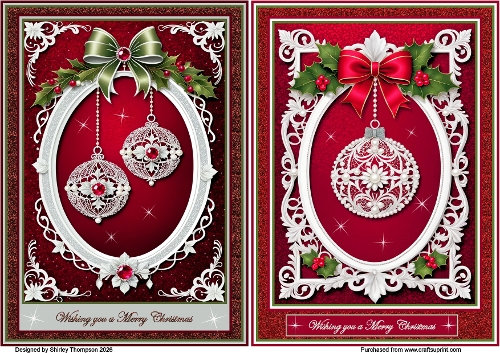 Pair of A5 red framed Christmas decorations quick card fronts.