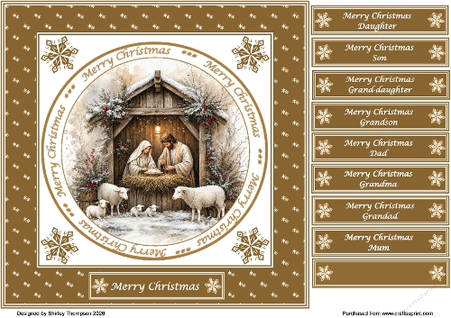8 x 8 Nativity scene quick card front in brown & white.