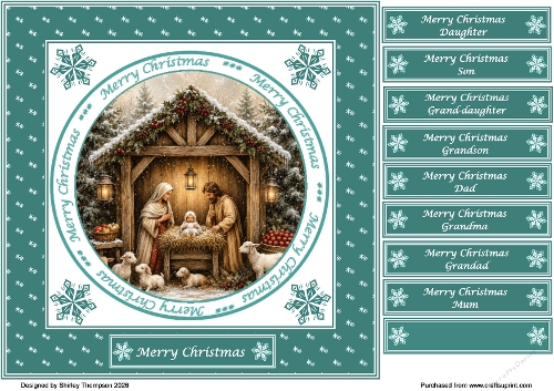 8 x 8 Nativity scene quick card front in green & white.