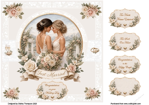 8 x 8 Mrs & Mrs wedding day quick card front (Beige).