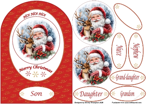 A5 round topped Santa & reindeer step by step card front.