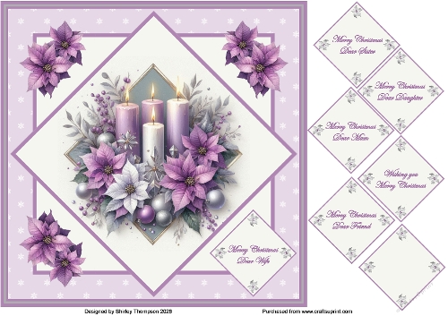 8 x 8 Purple candles & poinsettia quick card front.