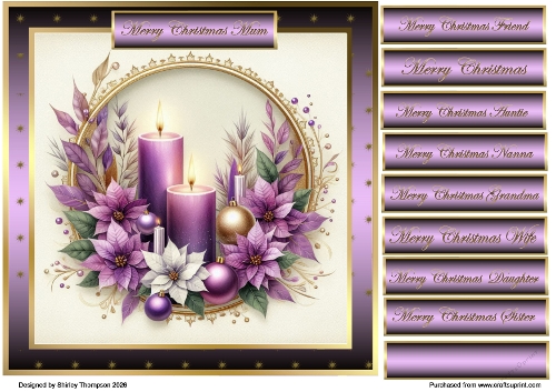 8 x 8 Purple metallic candles & poinsettia quick card front.