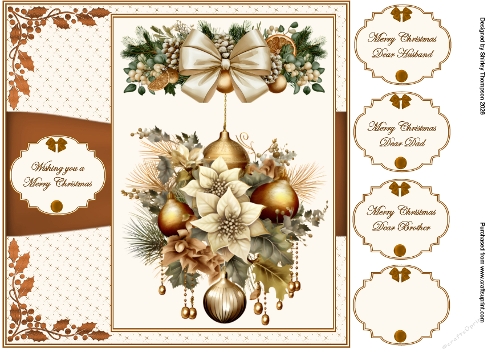 8 x 8 gold baubles & white poinsettia quick card front.