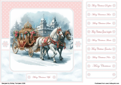 8 x 8 Christmas carriage quick card front (Pink).