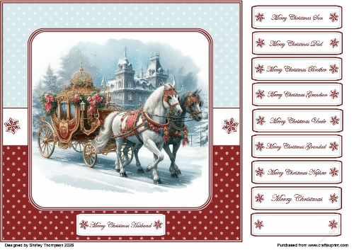 8 x 8 Christmas carriage quick card front (Deep red).