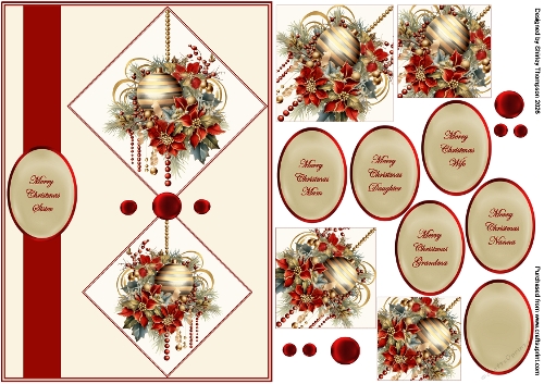 A5 Christmas baubles & poinsettia step by step card front.