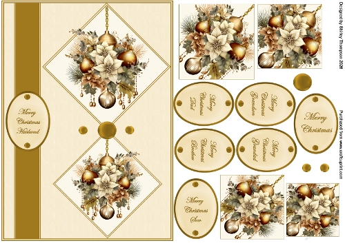 A5 gold baubles & poinsettia step by step card front.