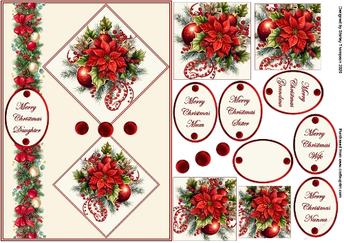 A5 red baubles & poinsettia step by step card front.