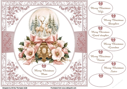 8 x 8 reindeer snow globe quick card front (Dusky rose).