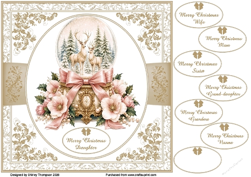 8 x 8 reindeer snow globe quick card front (Khaki).