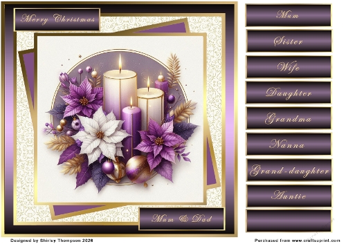 8 x 8 Purple candles & poinsettia quick card front.