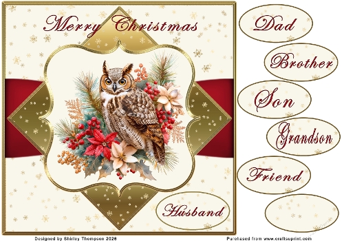 8 x 8 festive owl quick card front.