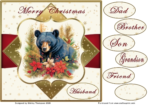 8 x 8 festive black bear quick card front.