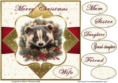 8 x 8 festive badger quick card front.