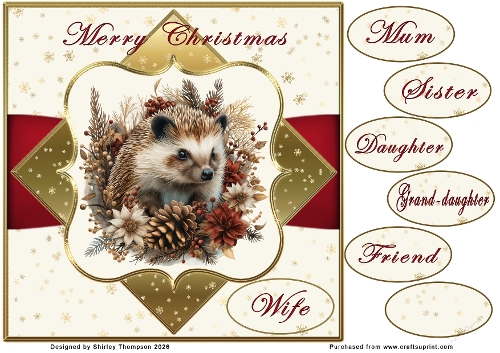 8 x 8 festive hedgehog quick card front.