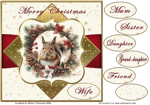 8 x 8 festive squirrel quick card front.