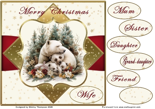 8 x 8 festive polar bear & cubs quick card front.