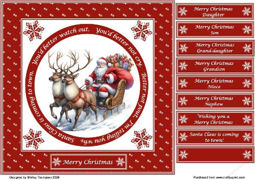 8 x 8 Santa Claus is coming to town quick card front.