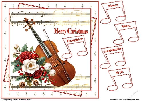 8 x 8 Musical Christmas violin quick card.