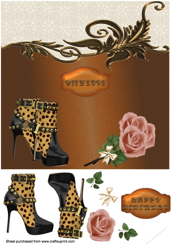 Leopard print ankle boots and peach roses card front.