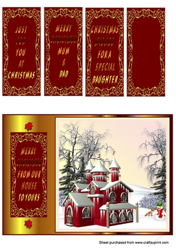Red and gold Christmas house card front.