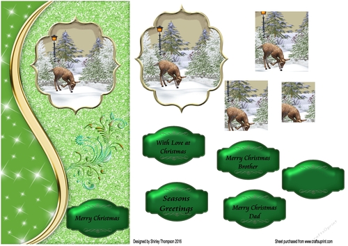 Deer in the snow on a green glitter card front.