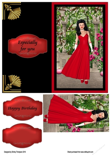Lady in red card front.