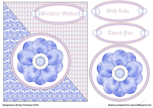 Blue and pink floral card front.