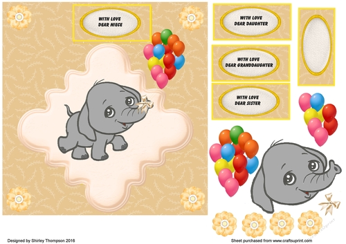 Elephant with bunch of balloons card front.