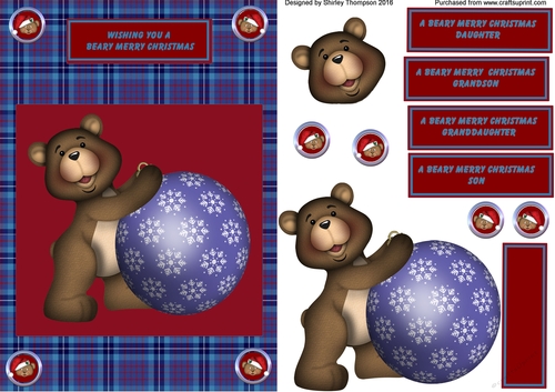 Blue tartan Christmas teddy card front.