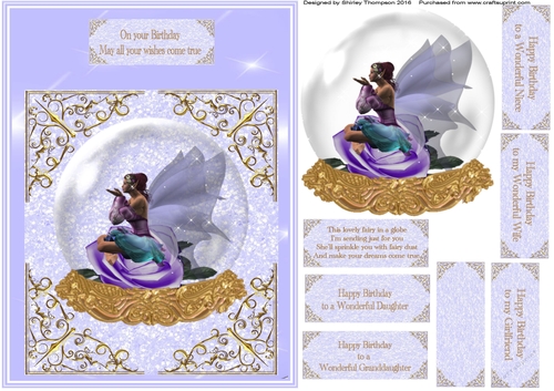 A5 Lilac globe fairy card front.