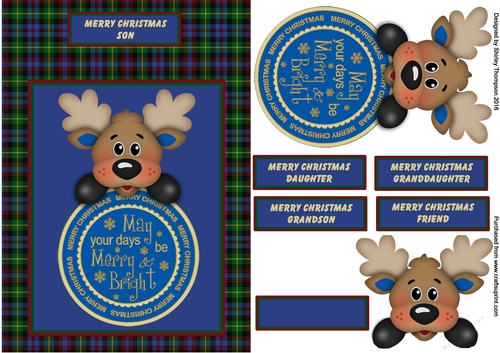 Blue tartan Christmas Reindeer card front.
