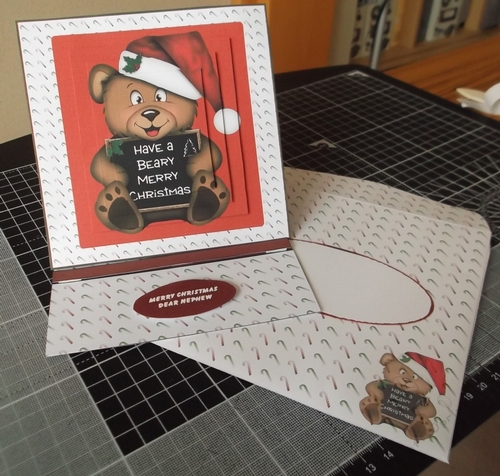 A Beary Merry Christmas pyramage easel card with matching envelope.