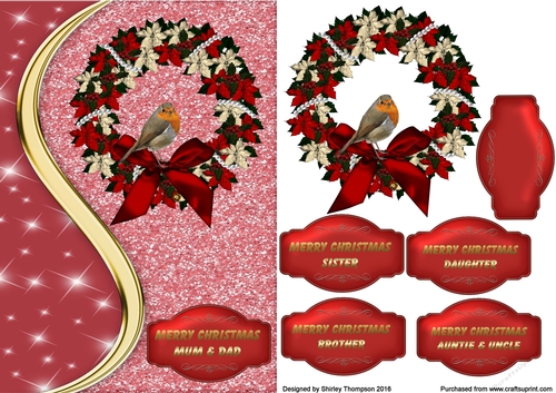 Robin on a wreath glittery card front.