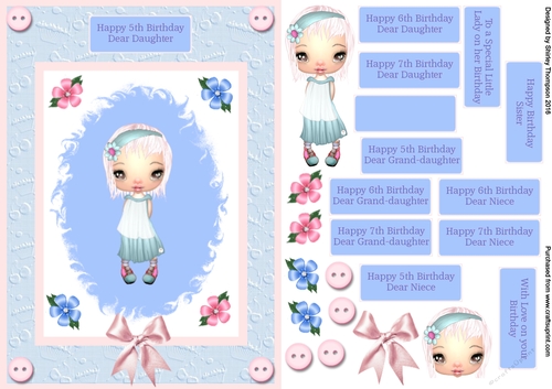 Blue and pink card front for daughter age 5 - 7 years.