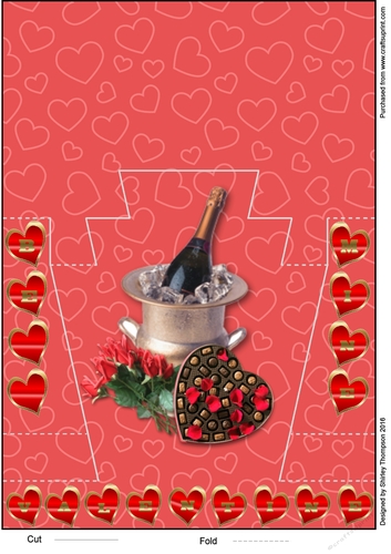 Red heart champagne and roses centre stepper valentines card.