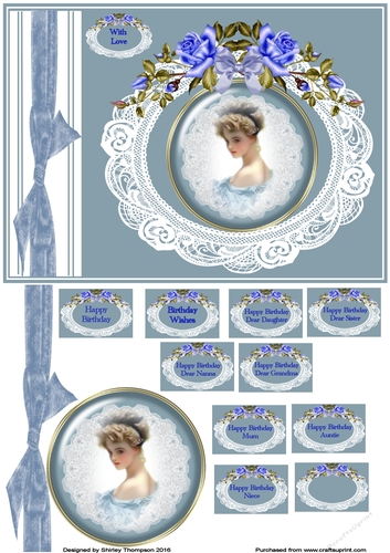 Blue lady vintage birthday card front.