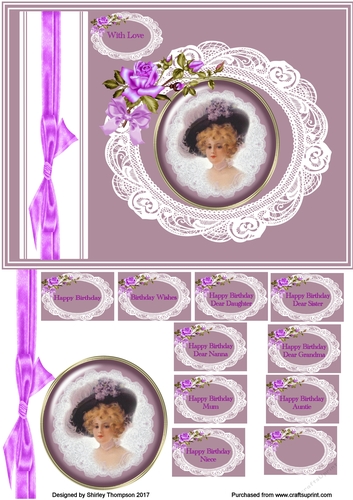 Lilac lady vintage birthday card front.