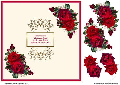 Red roses 8 x 8 card front with decoupage.