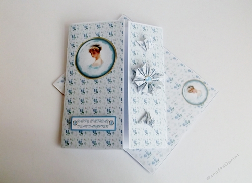Vintage 5 x 7 blue lady tea bag folding card with matching envelope.